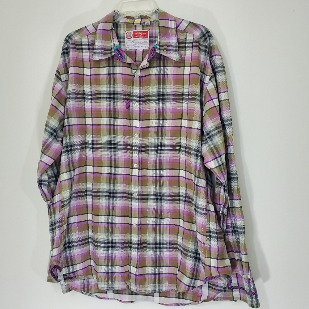 Robert Graham Purple Plaid Cotton Shirt, Size XXL